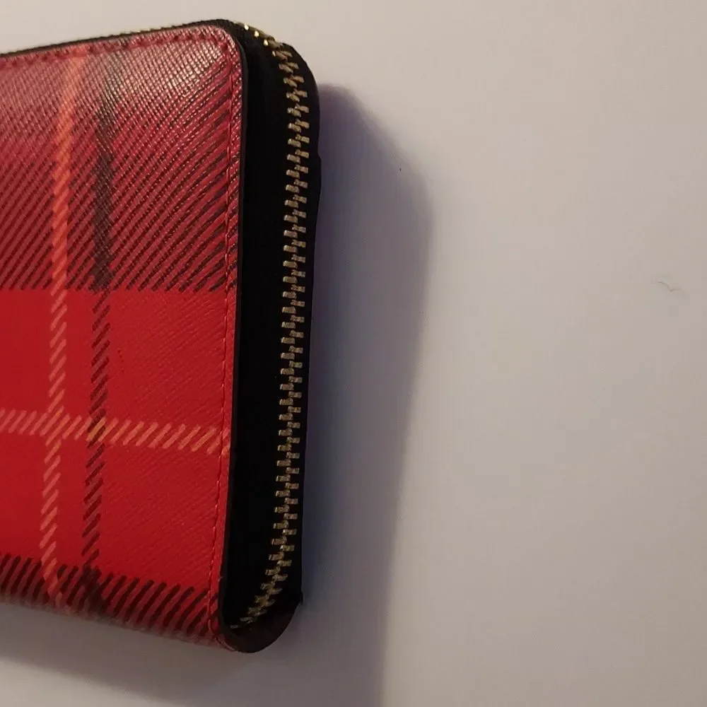 Kate Spade Red Plaid Wallet Saffiano leather zip around